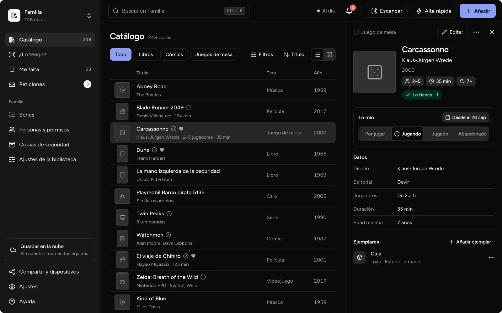 Kosmotheka on a computer in dark mode: the Family library catalogue with the Carcassonne card open.
