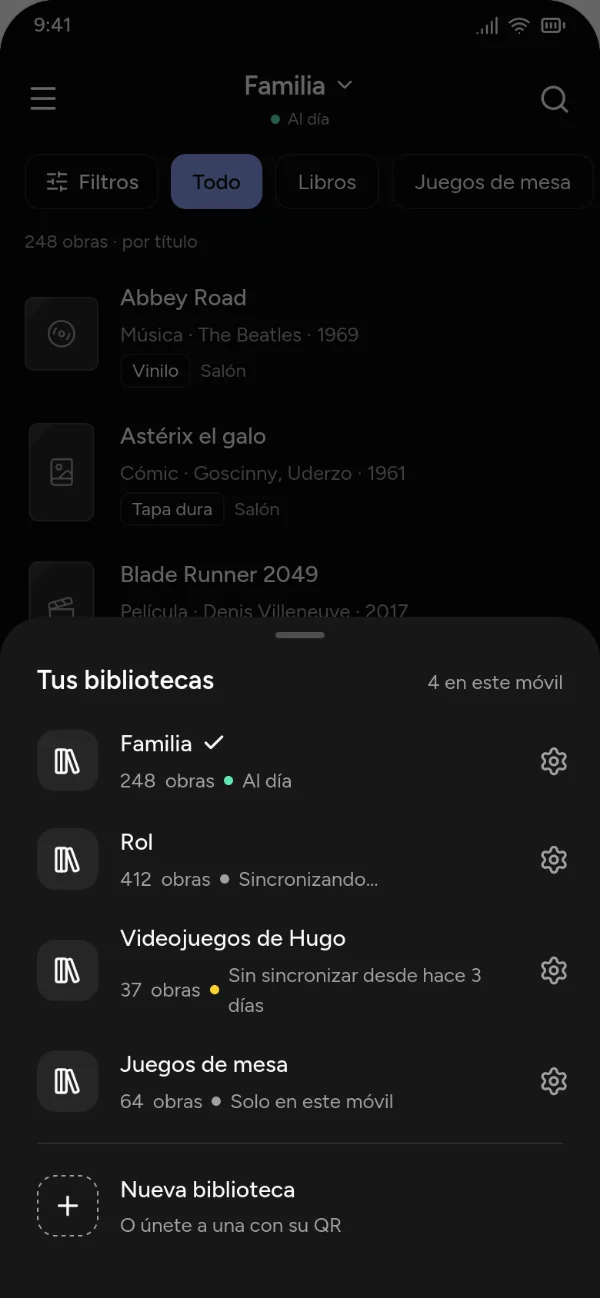 Library switcher in dark mode.