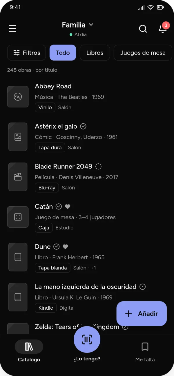 Kosmotheka on a phone in dark mode: the Family catalogue.