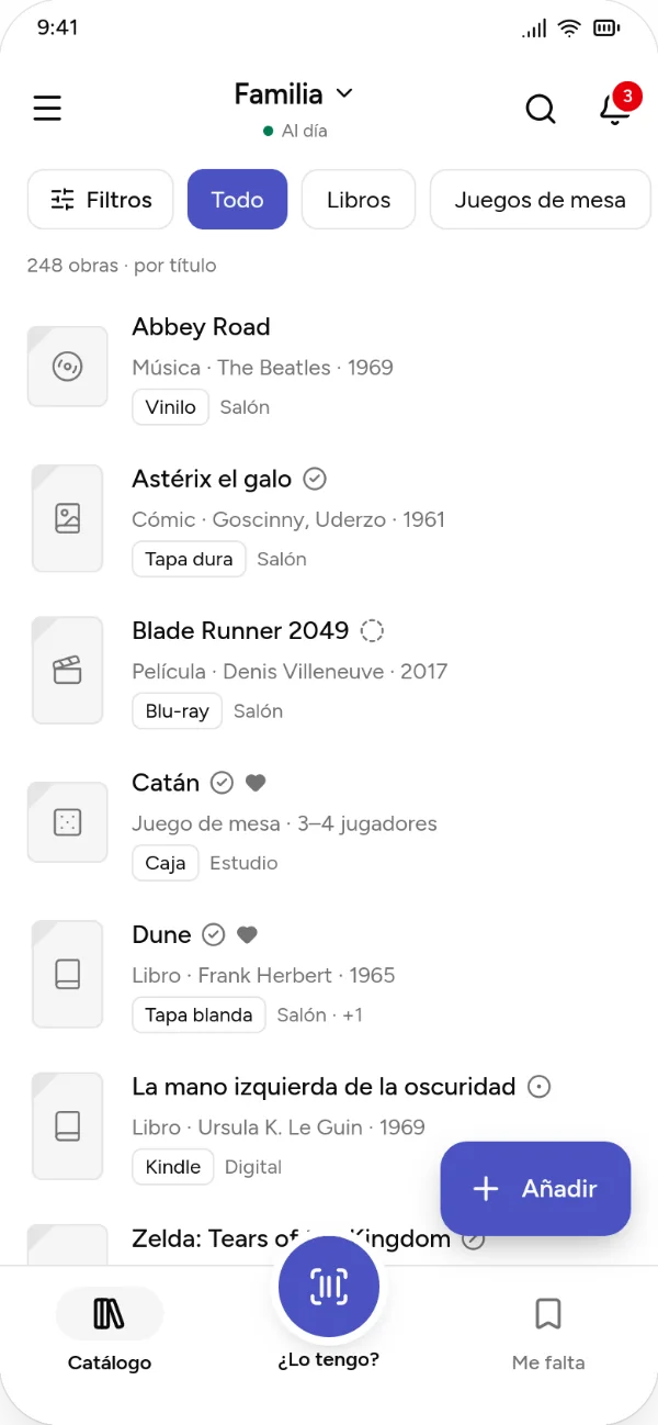 Kosmotheka on a phone: the Family catalogue with Abbey Road, Asterix the Gaul, Blade Runner 2049, Catan and Dune.