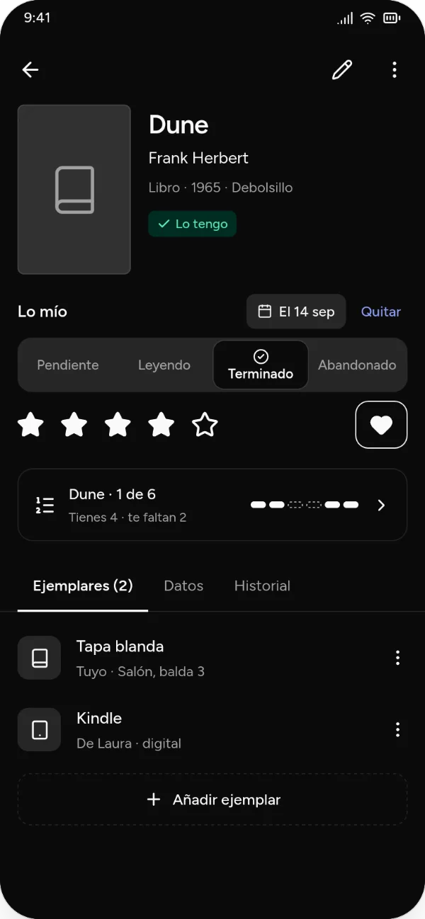 Dune card in dark mode: finished, four stars.