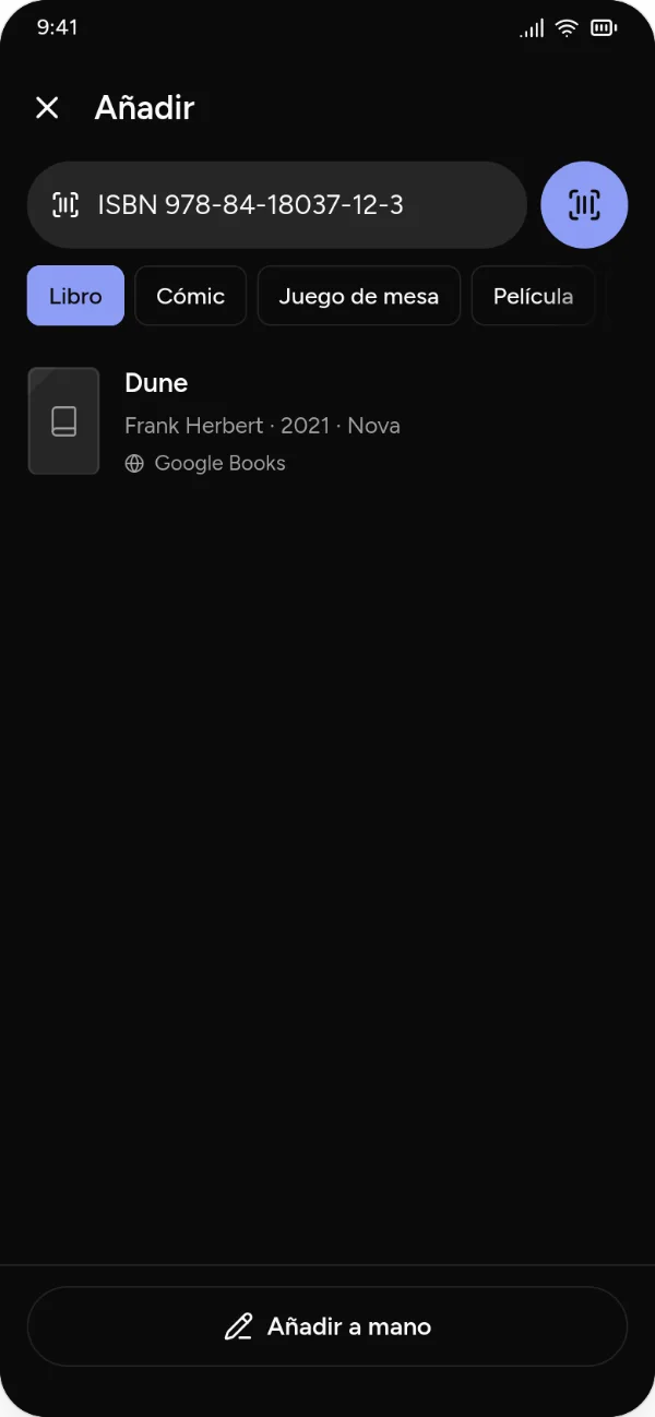 Add screen in dark mode: the app finds Dune by its ISBN.