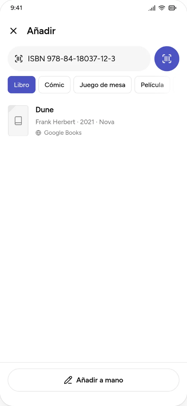 Add screen: with the ISBN scanned, the app picks Book and finds Dune by Frank Herbert.